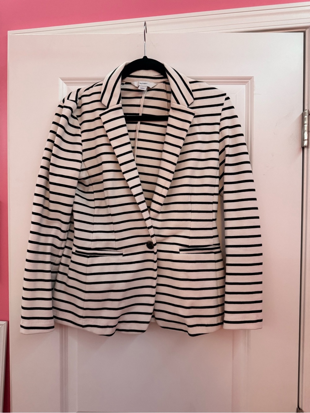 Old Navy Cream and Black Striped Single-Button Blazer